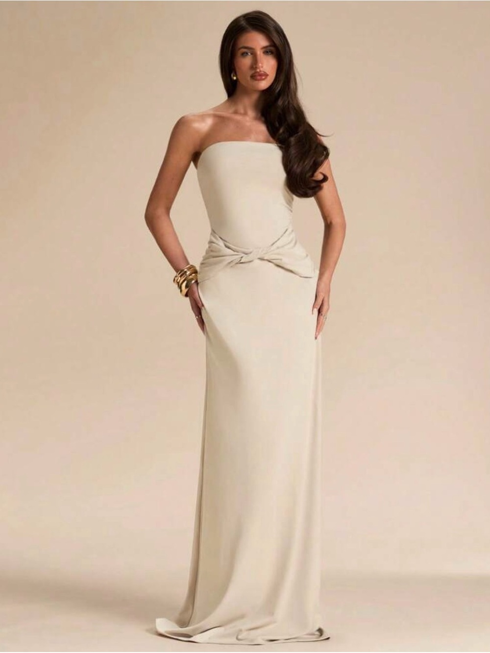Strapless Cream Evening Gown with Twist Waist